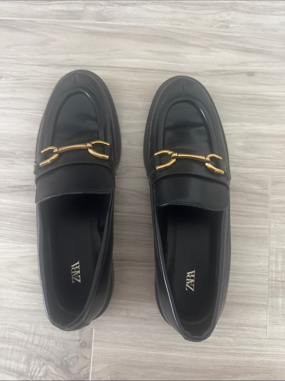 ZARA Black Leather Loafers with Gold Bit